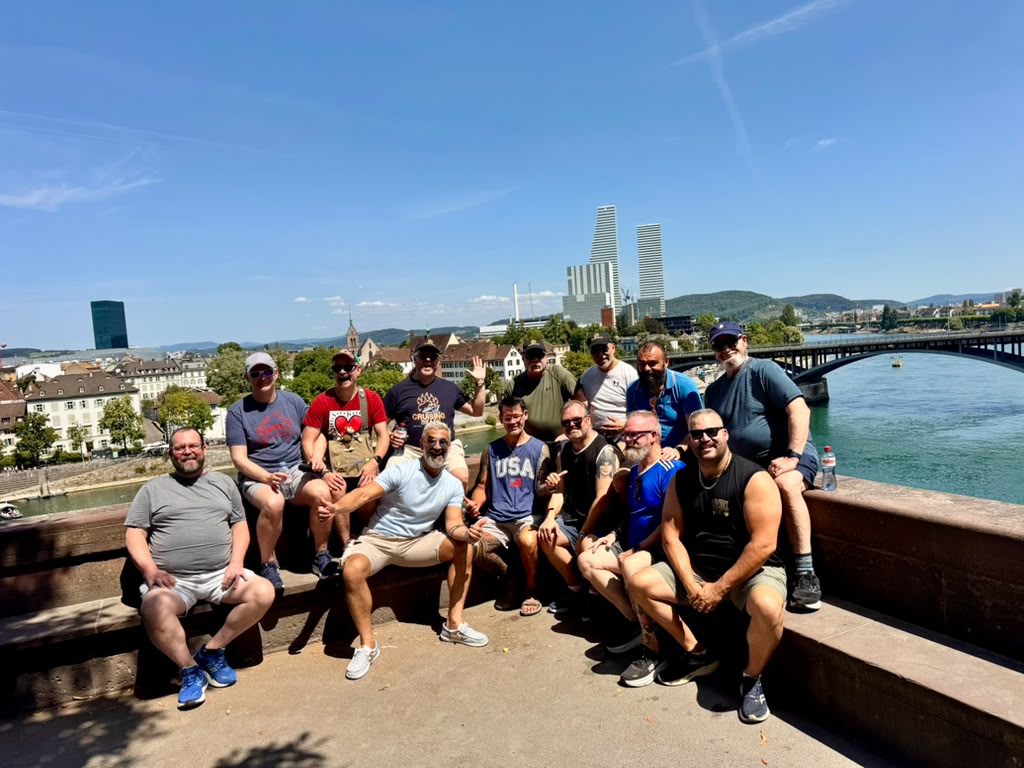 CruisingBears group posing by the Rhine during the Basel walking tour