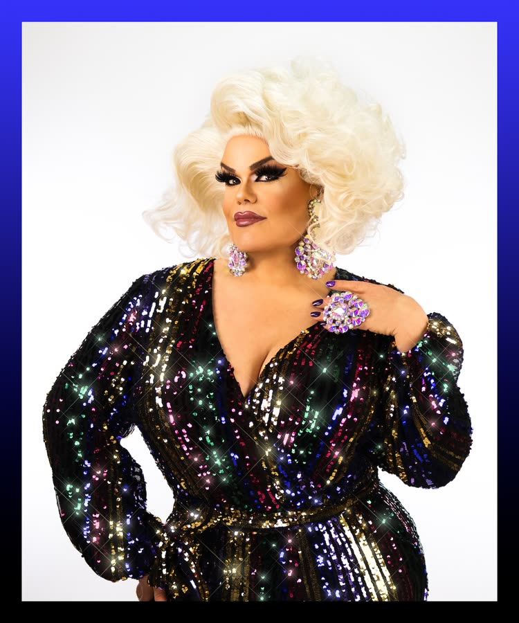 Darienne Lake in a multicolor sequin gown with platinum hair