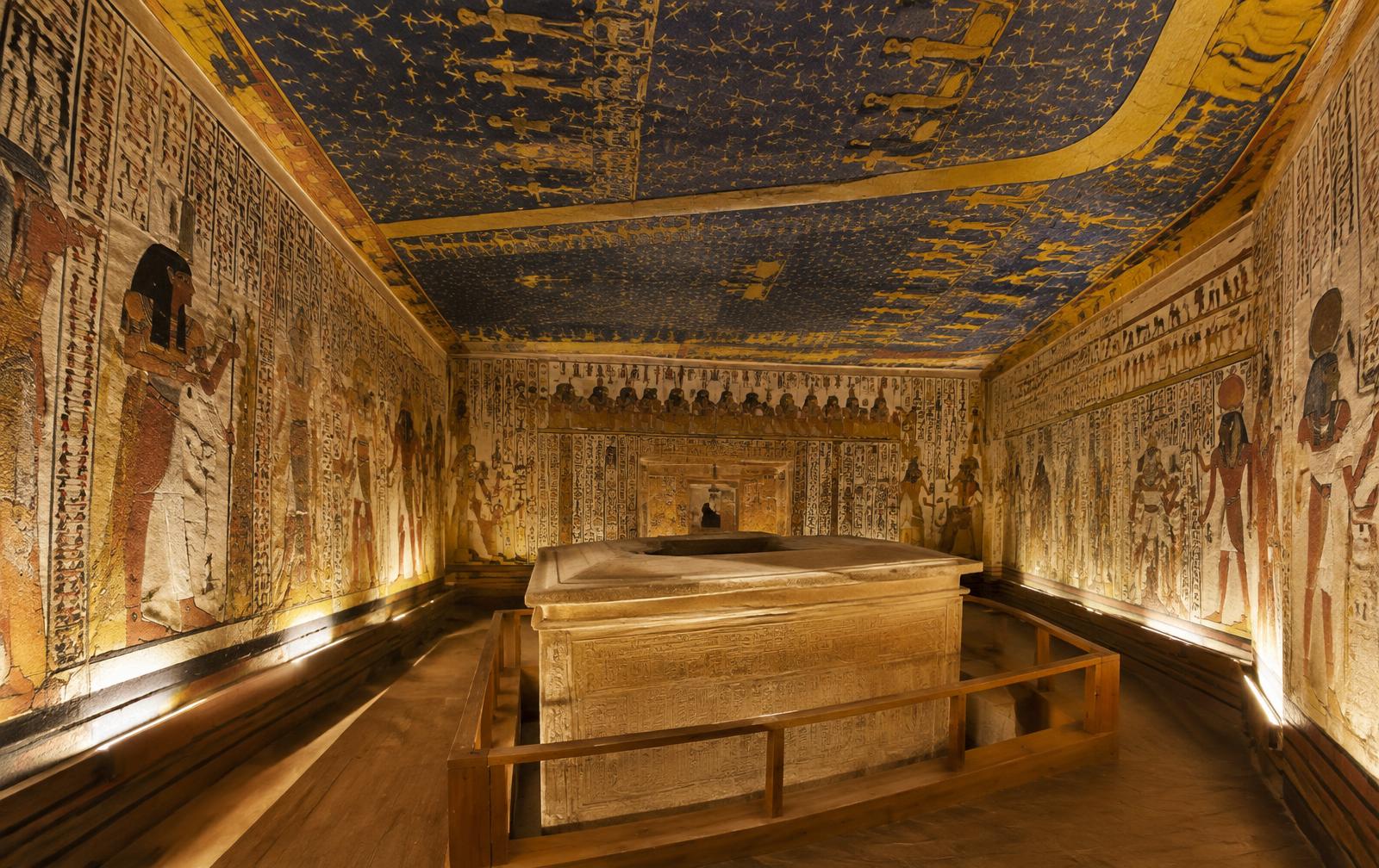 Painted walls and starry ceiling inside a royal tomb