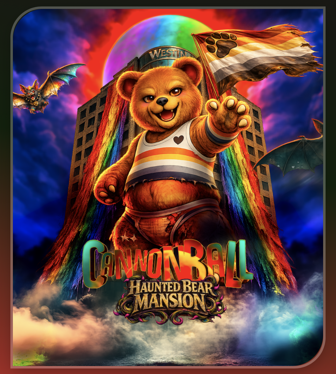 Cannonball Haunted Bear Mansion artwork with a bear waving a bear pride flag