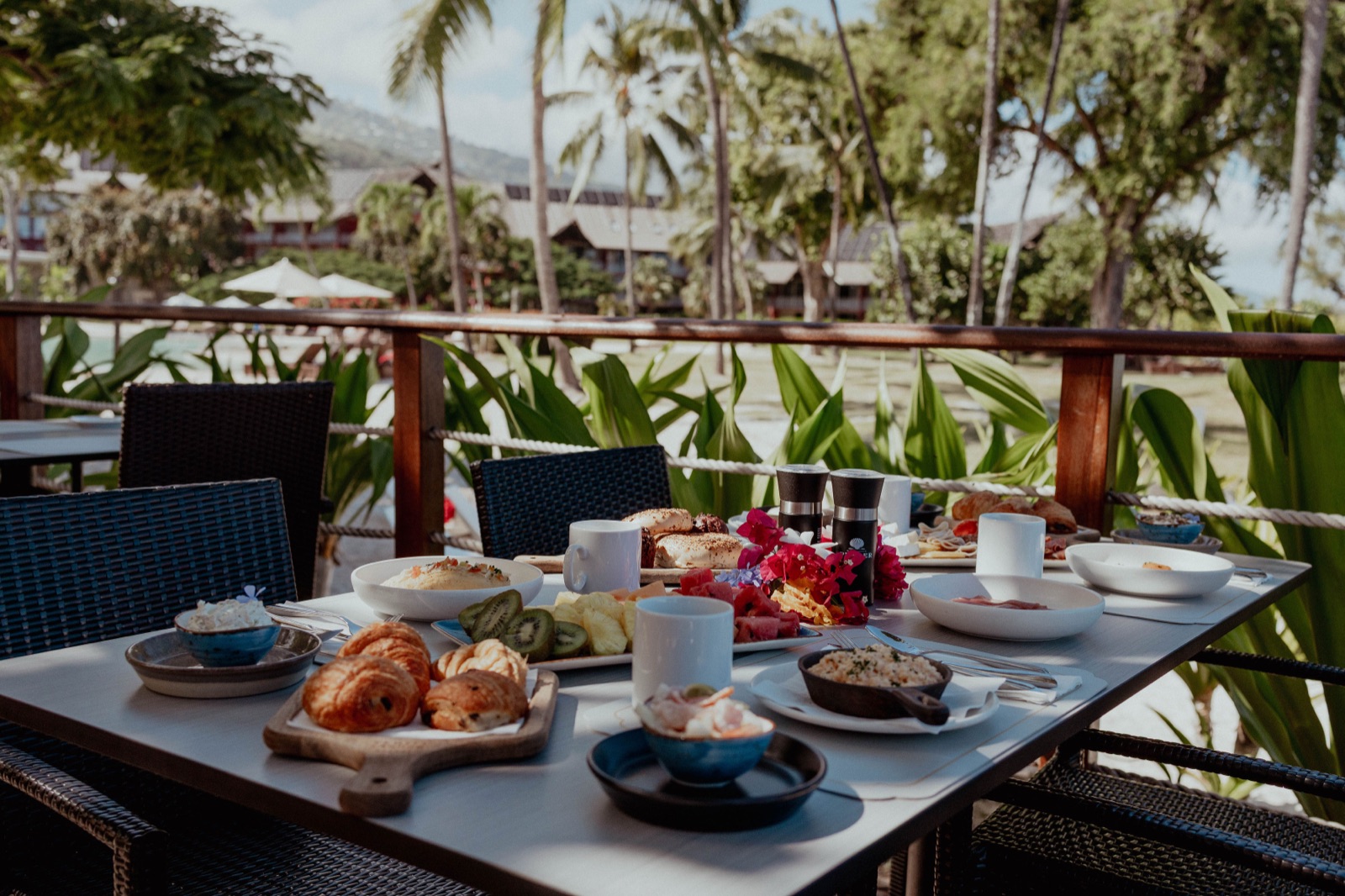 Breakfast spread overlooking the resort grounds